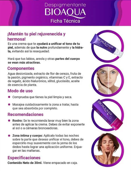 CREMA DESPIGMENTANTE BIOAQUA | Unifica el tono, aclara manchas y suaviza la piel